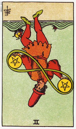 таро Двійка Пентаклів перевернута